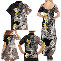 Brown and Black Hawaii Shark Tattoo Family Matching Summer Maxi Dress and Hawaiian Shirt Puakenikeni Lei Plumeria Polynesian Pattern LT14 - Polynesian Pride