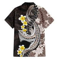 Brown and Black Hawaii Shark Tattoo Family Matching Summer Maxi Dress and Hawaiian Shirt Puakenikeni Lei Plumeria Polynesian Pattern LT14 - Polynesian Pride