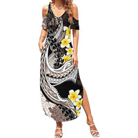 Brown and Black Hawaii Shark Tattoo Family Matching Summer Maxi Dress and Hawaiian Shirt Puakenikeni Lei Plumeria Polynesian Pattern LT14 Mom's Dress Black - Polynesian Pride