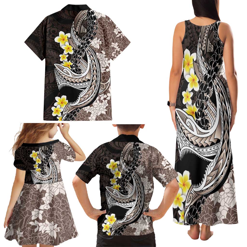 Brown and Black Hawaii Shark Tattoo Family Matching Tank Maxi Dress and Hawaiian Shirt Puakenikeni Lei Plumeria Polynesian Pattern LT14 - Polynesian Pride