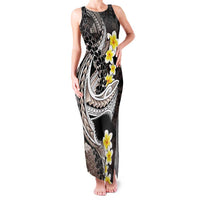 Brown and Black Hawaii Shark Tattoo Family Matching Tank Maxi Dress and Hawaiian Shirt Puakenikeni Lei Plumeria Polynesian Pattern LT14 Mom's Dress Black - Polynesian Pride