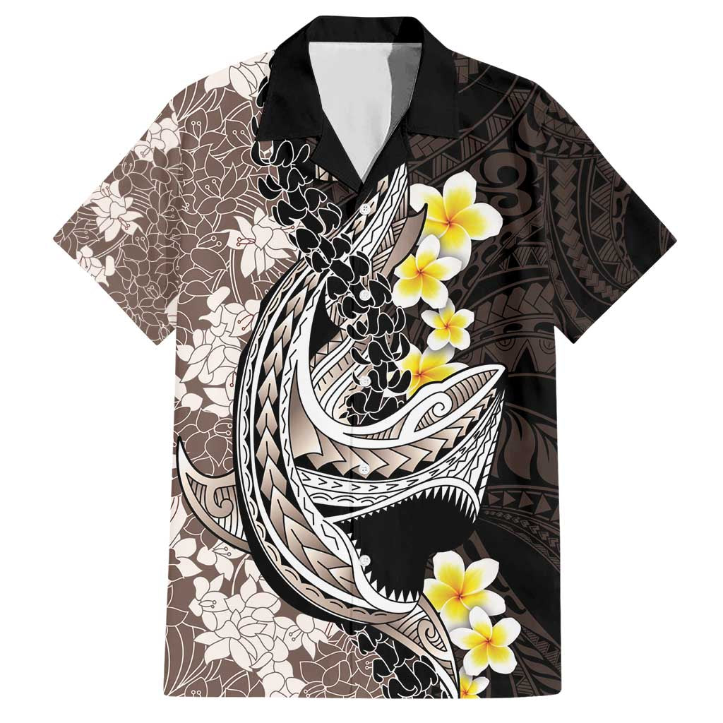 Brown and Black Hawaii Shark Tattoo Hawaiian Shirt Puakenikeni Lei Plumeria Polynesian Pattern LT14 Black - Polynesian Pride