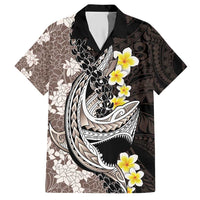 Brown and Black Hawaii Shark Tattoo Hawaiian Shirt Puakenikeni Lei Plumeria Polynesian Pattern LT14 Black - Polynesian Pride