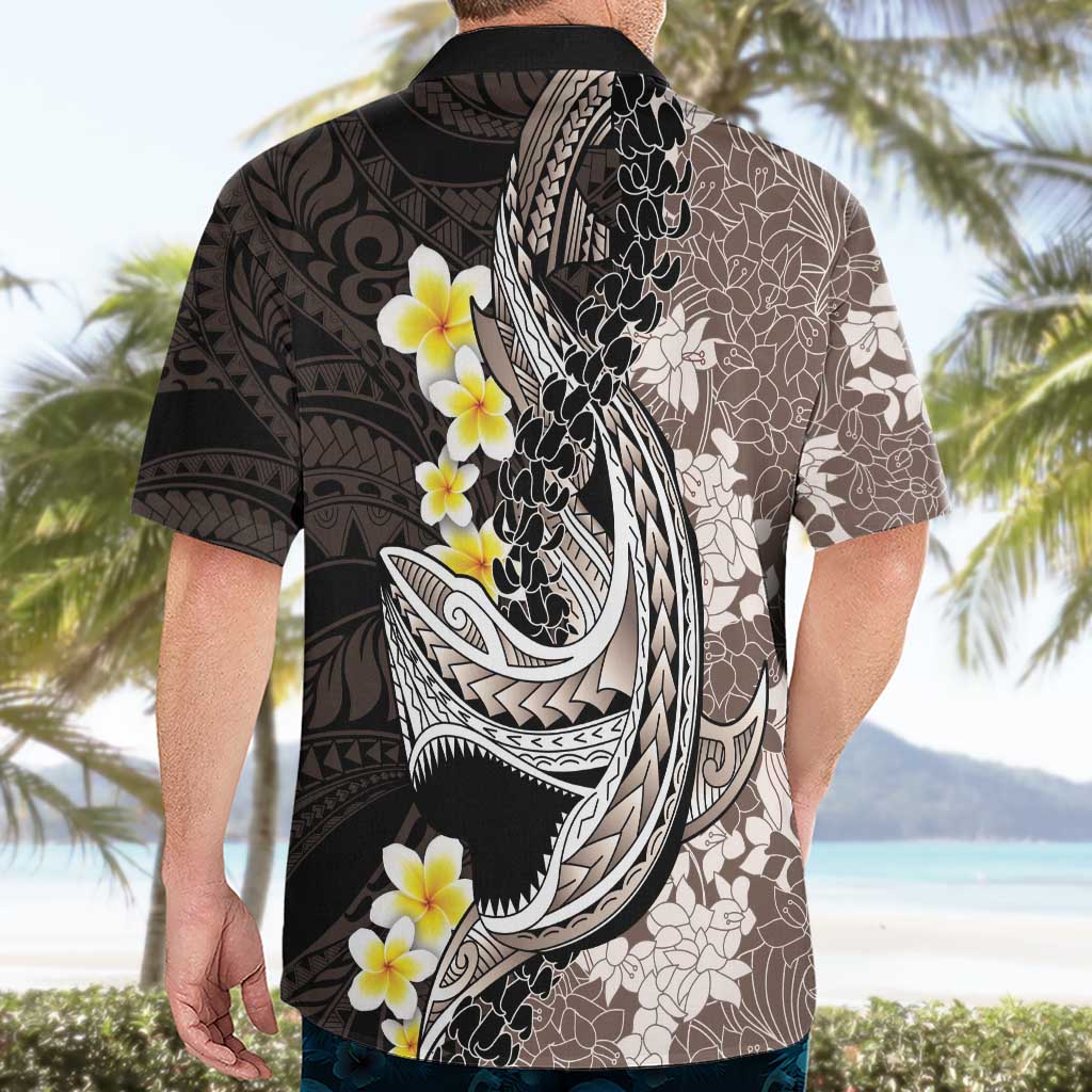 Brown and Black Hawaii Shark Tattoo Hawaiian Shirt Puakenikeni Lei Plumeria Polynesian Pattern LT14 - Polynesian Pride