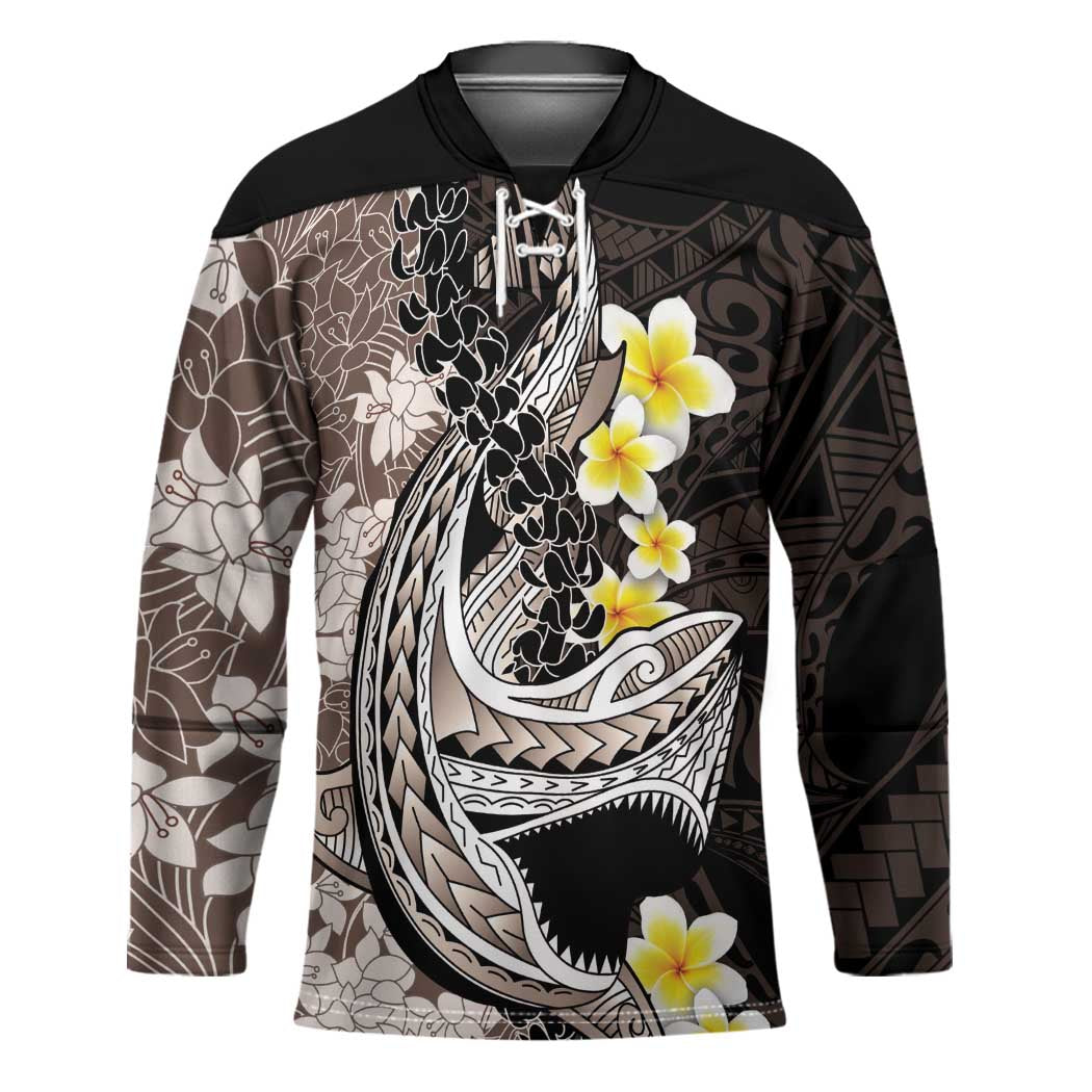 Brown and Black Hawaii Shark Tattoo Hockey Jersey Puakenikeni Lei Plumeria Polynesian Pattern LT14 Unisex Black - Polynesian Pride