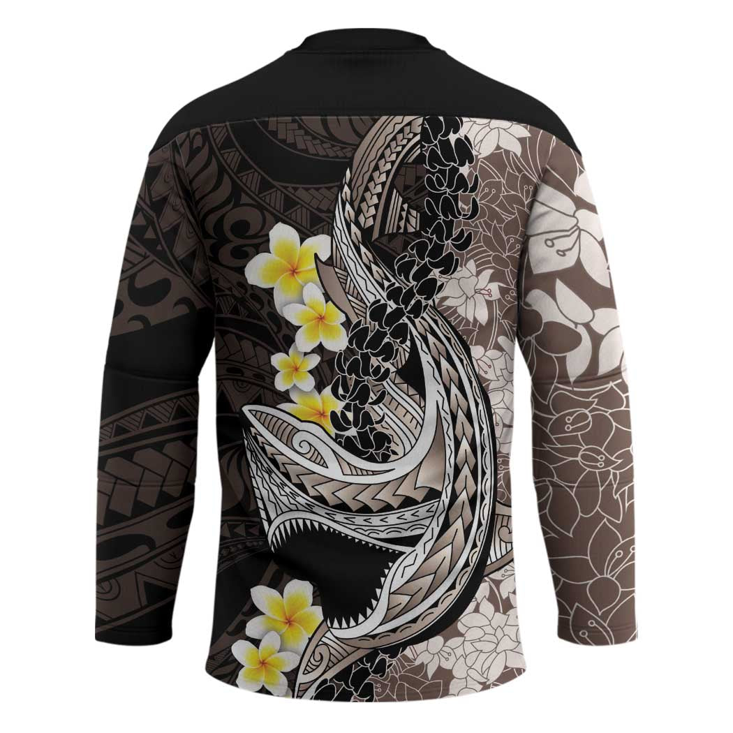 Brown and Black Hawaii Shark Tattoo Hockey Jersey Puakenikeni Lei Plumeria Polynesian Pattern LT14 - Polynesian Pride