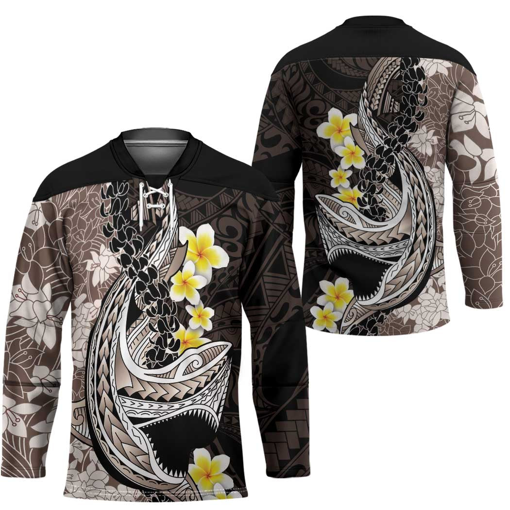 Brown and Black Hawaii Shark Tattoo Hockey Jersey Puakenikeni Lei Plumeria Polynesian Pattern LT14 - Polynesian Pride