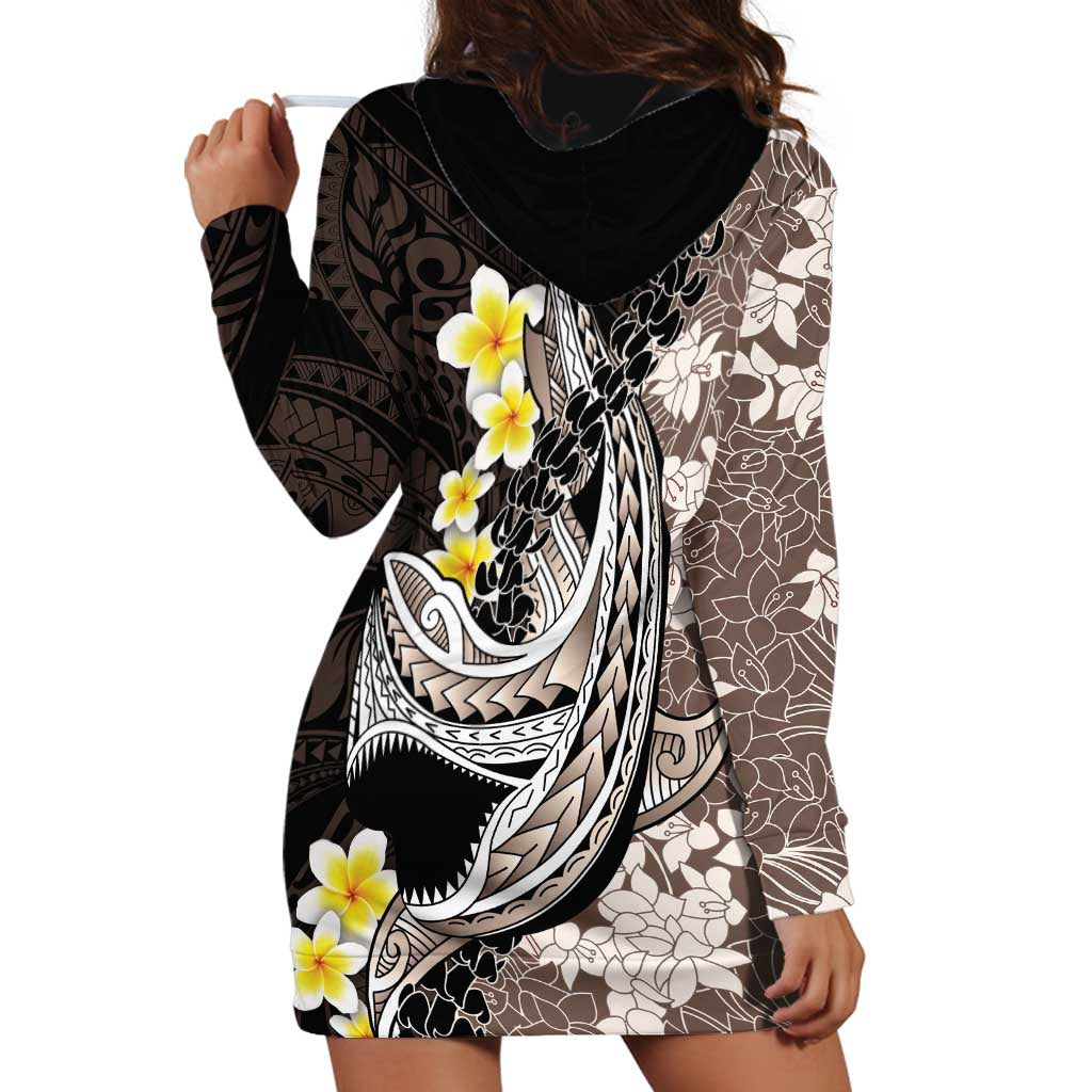 Brown and Black Hawaii Shark Tattoo Hoodie Dress Puakenikeni Lei Plumeria Polynesian Pattern LT14 - Polynesian Pride