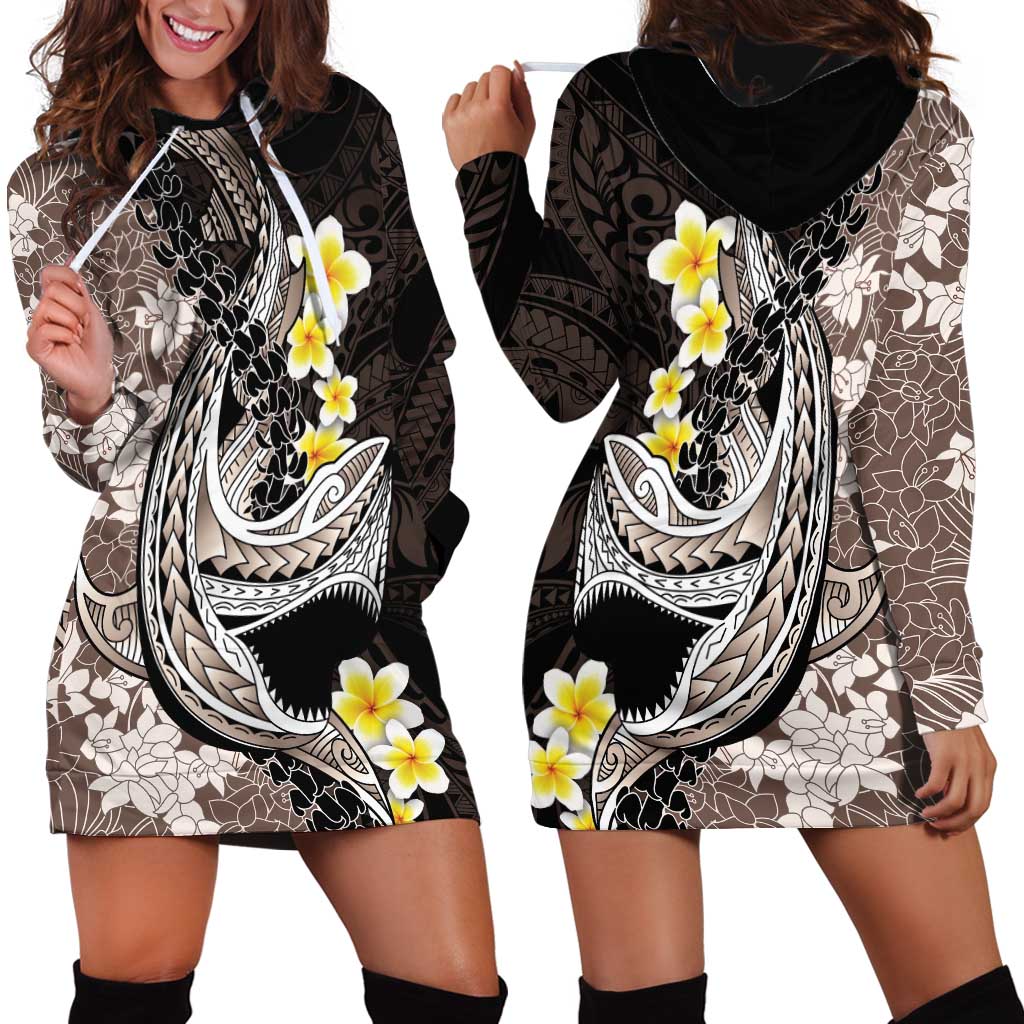 Brown and Black Hawaii Shark Tattoo Hoodie Dress Puakenikeni Lei Plumeria Polynesian Pattern LT14 - Polynesian Pride