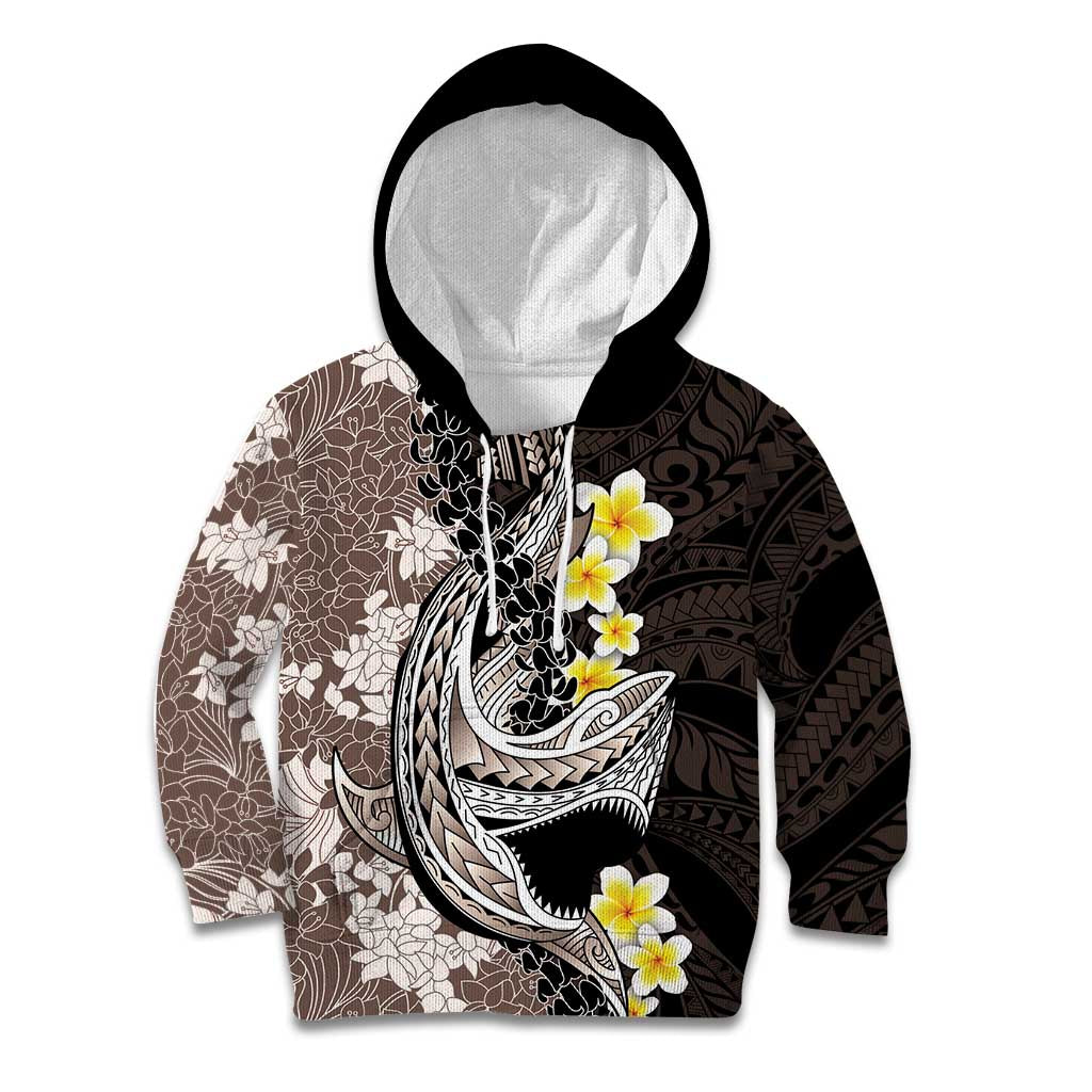 Brown and Black Hawaii Shark Tattoo Kid Hoodie Puakenikeni Lei Plumeria Polynesian Pattern LT14 Hoodie Black - Polynesian Pride