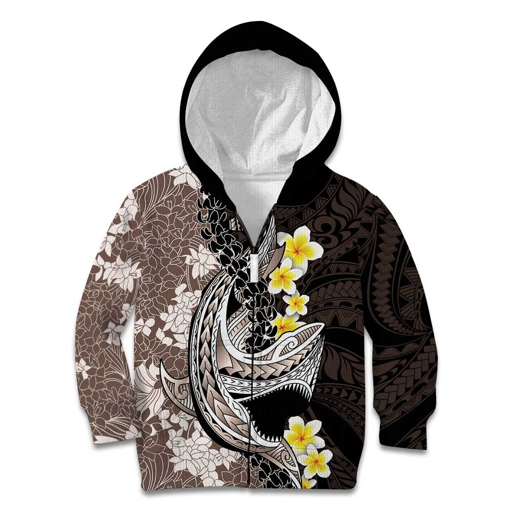 Brown and Black Hawaii Shark Tattoo Kid Hoodie Puakenikeni Lei Plumeria Polynesian Pattern LT14 Zip Hoodie Black - Polynesian Pride
