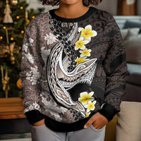 Brown and Black Hawaii Shark Tattoo Kid Ugly Christmas Sweater Puakenikeni Lei Plumeria Polynesian Pattern LT14 - Polynesian Pride
