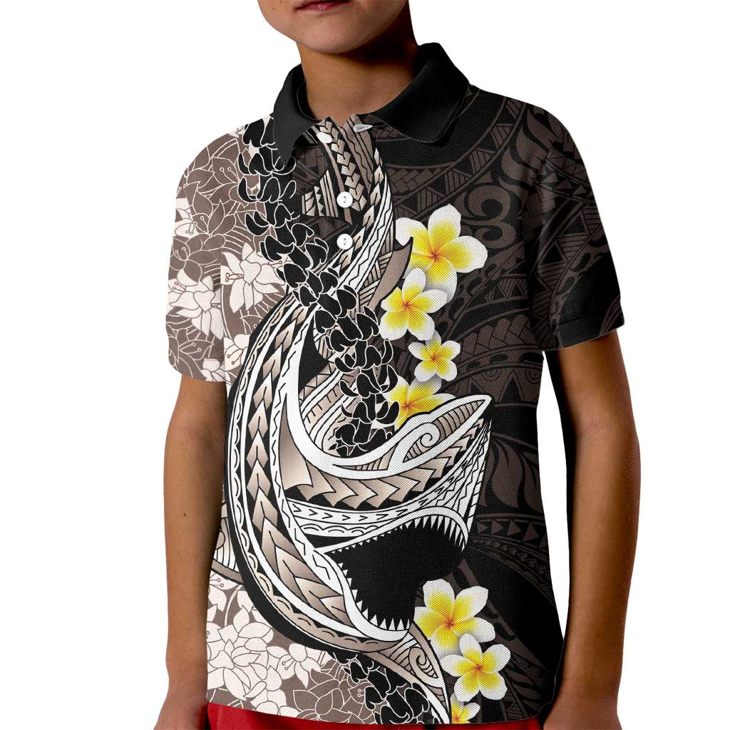 Brown and Black Hawaii Shark Tattoo Kid Polo Shirt Puakenikeni Lei Plumeria Polynesian Pattern LT14 Kid Black - Polynesian Pride
