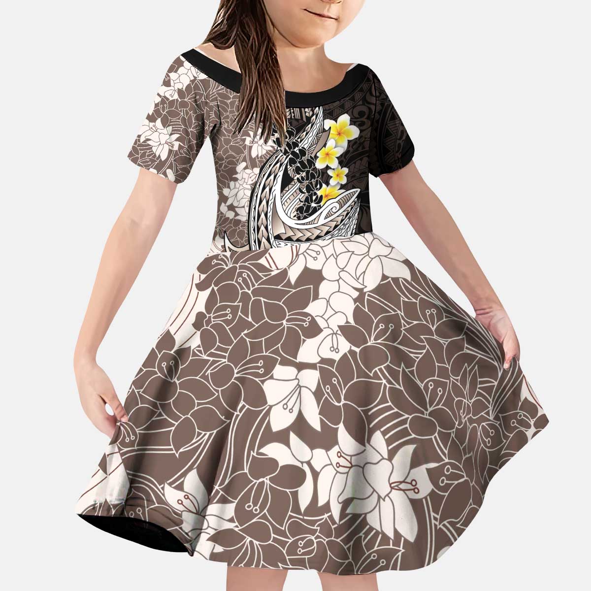 Brown and Black Hawaii Shark Tattoo Kid Short Sleeve Dress Puakenikeni Lei Plumeria Polynesian Pattern LT14 KID Black - Polynesian Pride