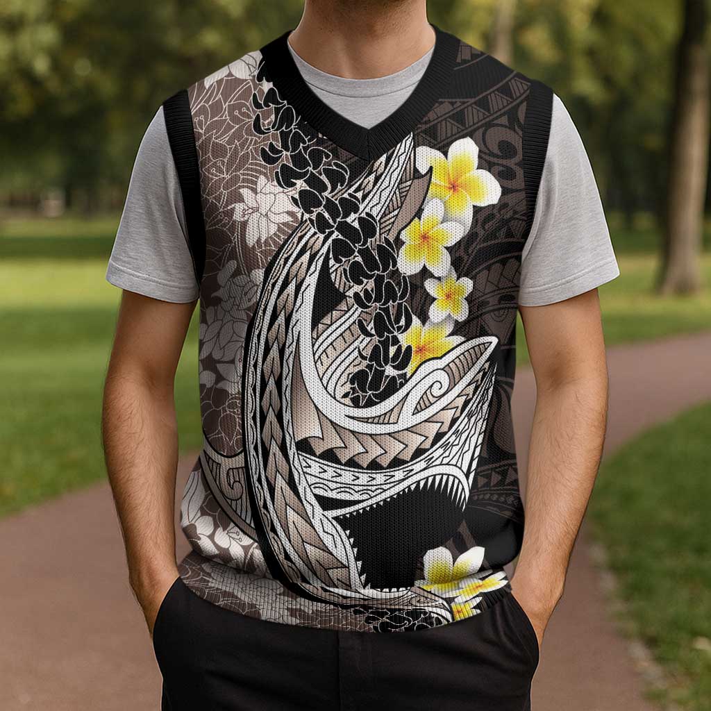 Brown and Black Hawaii Shark Tattoo Christmas Knitted V-Neck Vest Puakenikeni Lei Plumeria Polynesian Pattern LT14 - Polynesian Pride