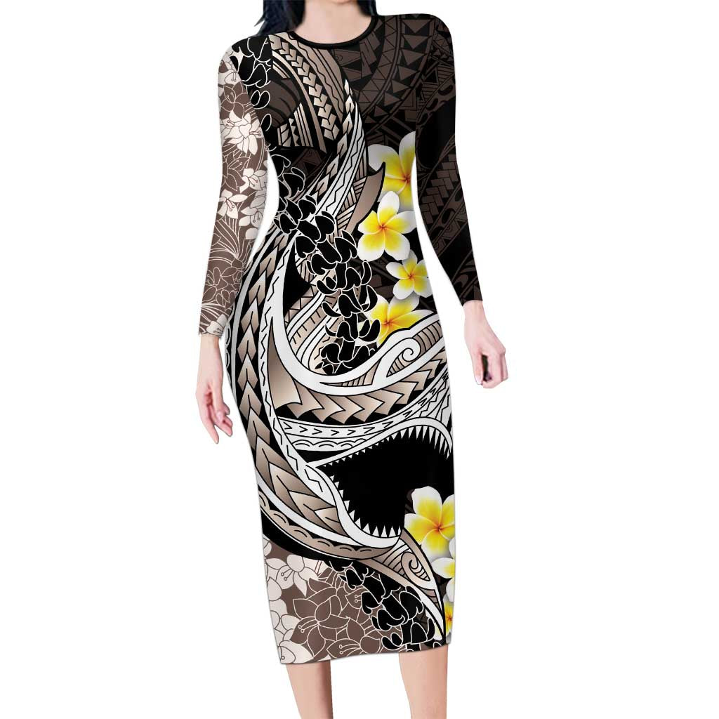 Brown and Black Hawaii Shark Tattoo Long Sleeve Bodycon Dress Puakenikeni Lei Plumeria Polynesian Pattern LT14 Long Dress Black - Polynesian Pride