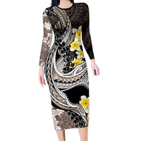Brown and Black Hawaii Shark Tattoo Long Sleeve Bodycon Dress Puakenikeni Lei Plumeria Polynesian Pattern LT14 Long Dress Black - Polynesian Pride