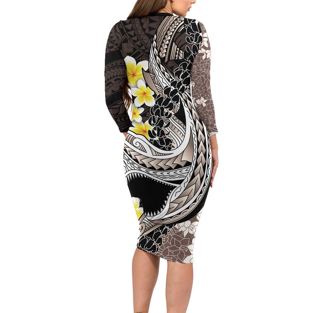Brown and Black Hawaii Shark Tattoo Long Sleeve Bodycon Dress Puakenikeni Lei Plumeria Polynesian Pattern LT14 - Polynesian Pride
