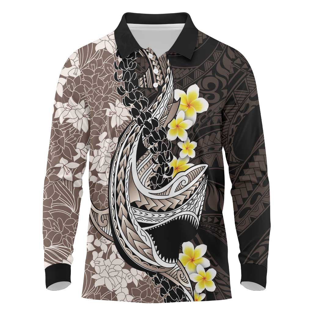 Brown and Black Hawaii Shark Tattoo Long Sleeve Polo Shirt Puakenikeni Lei Plumeria Polynesian Pattern LT14 Black - Polynesian Pride
