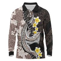 Brown and Black Hawaii Shark Tattoo Long Sleeve Polo Shirt Puakenikeni Lei Plumeria Polynesian Pattern LT14 Black - Polynesian Pride