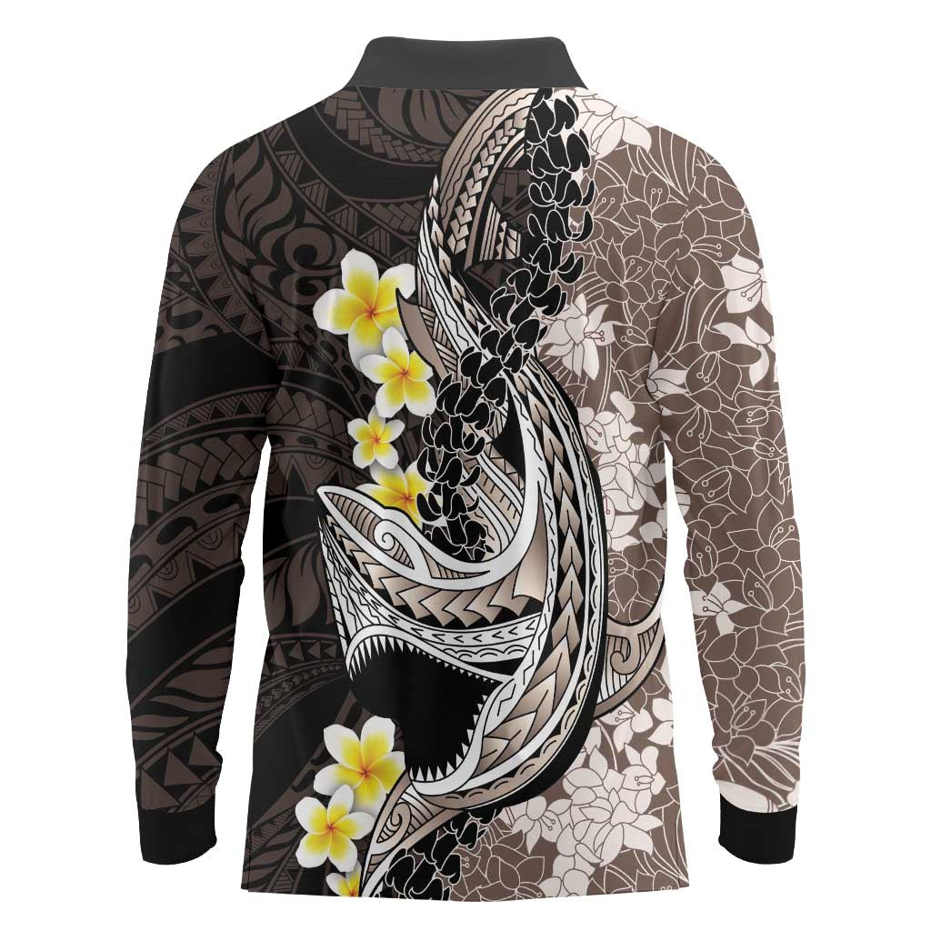 Brown and Black Hawaii Shark Tattoo Long Sleeve Polo Shirt Puakenikeni Lei Plumeria Polynesian Pattern LT14 - Polynesian Pride