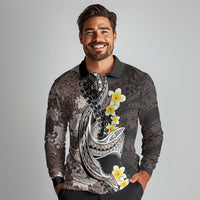 Brown and Black Hawaii Shark Tattoo Long Sleeve Polo Shirt Puakenikeni Lei Plumeria Polynesian Pattern LT14 - Polynesian Pride