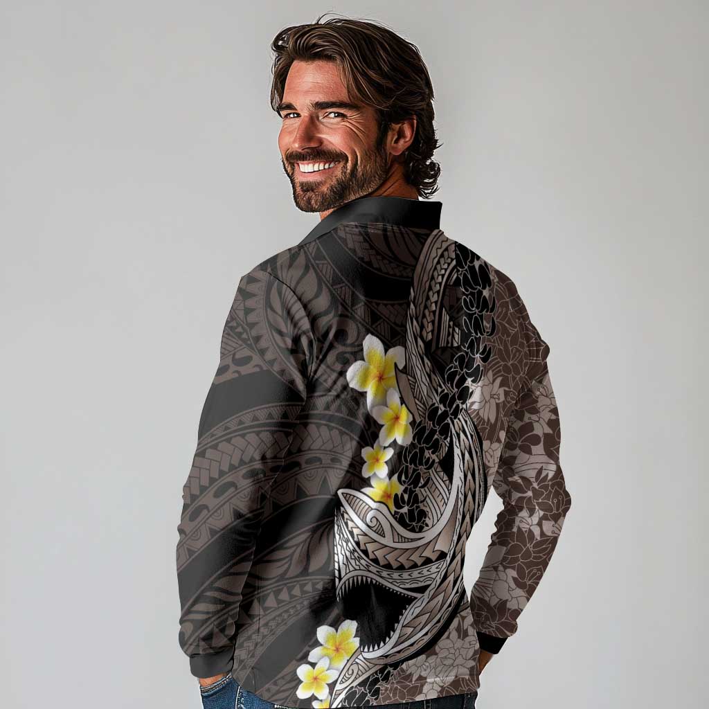 Brown and Black Hawaii Shark Tattoo Long Sleeve Polo Shirt Puakenikeni Lei Plumeria Polynesian Pattern LT14 - Polynesian Pride