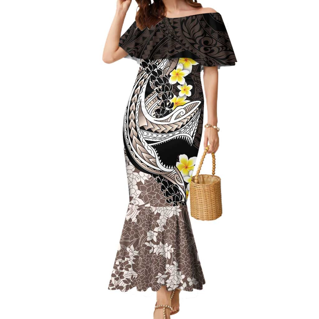 Brown and Black Hawaii Shark Tattoo Mermaid Dress Puakenikeni Lei Plumeria Polynesian Pattern LT14 Women Black - Polynesian Pride