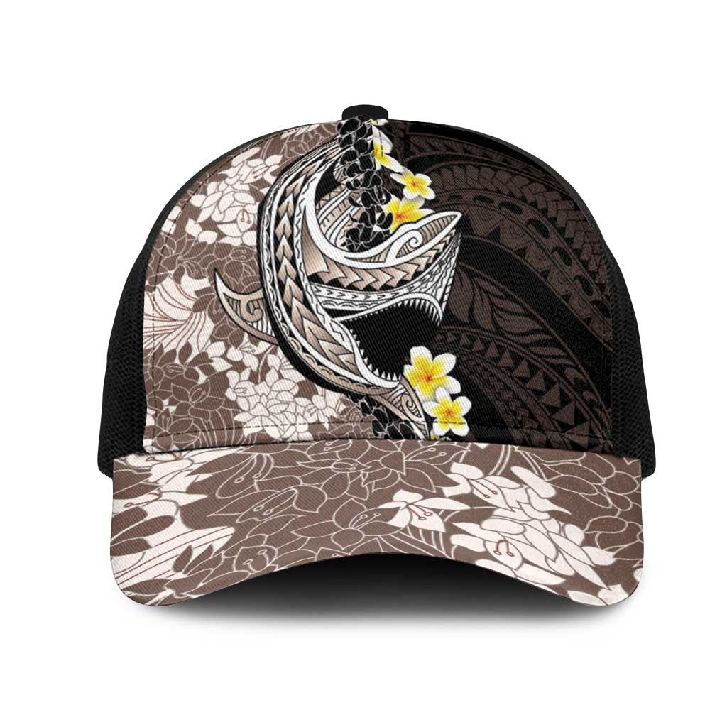 Brown and Black Hawaii Shark Tattoo Mesh Trucker Cap Puakenikeni Lei Plumeria Polynesian Pattern - Polynesian Pride