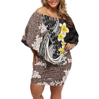 Brown and Black Hawaii Shark Tattoo Off Shoulder Short Dress Puakenikeni Lei Plumeria Polynesian Pattern LT14 Women Black - Polynesian Pride