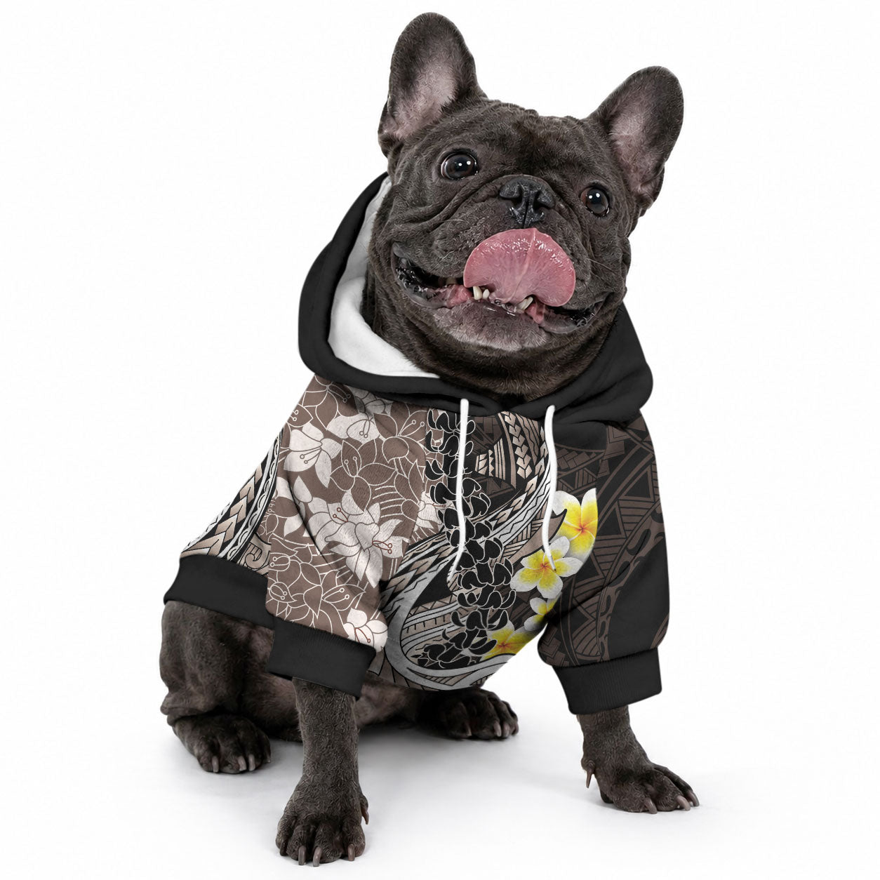 Brown and Black Hawaii Shark Tattoo Pet Hoodie Puakenikeni Lei Plumeria Polynesian Pattern