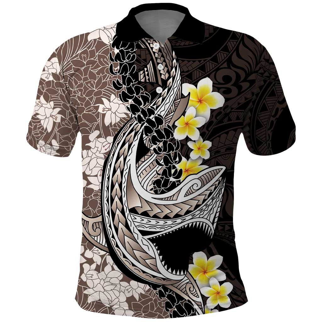 Brown and Black Hawaii Shark Tattoo Polo Shirt Puakenikeni Lei Plumeria Polynesian Pattern LT14 Black - Polynesian Pride