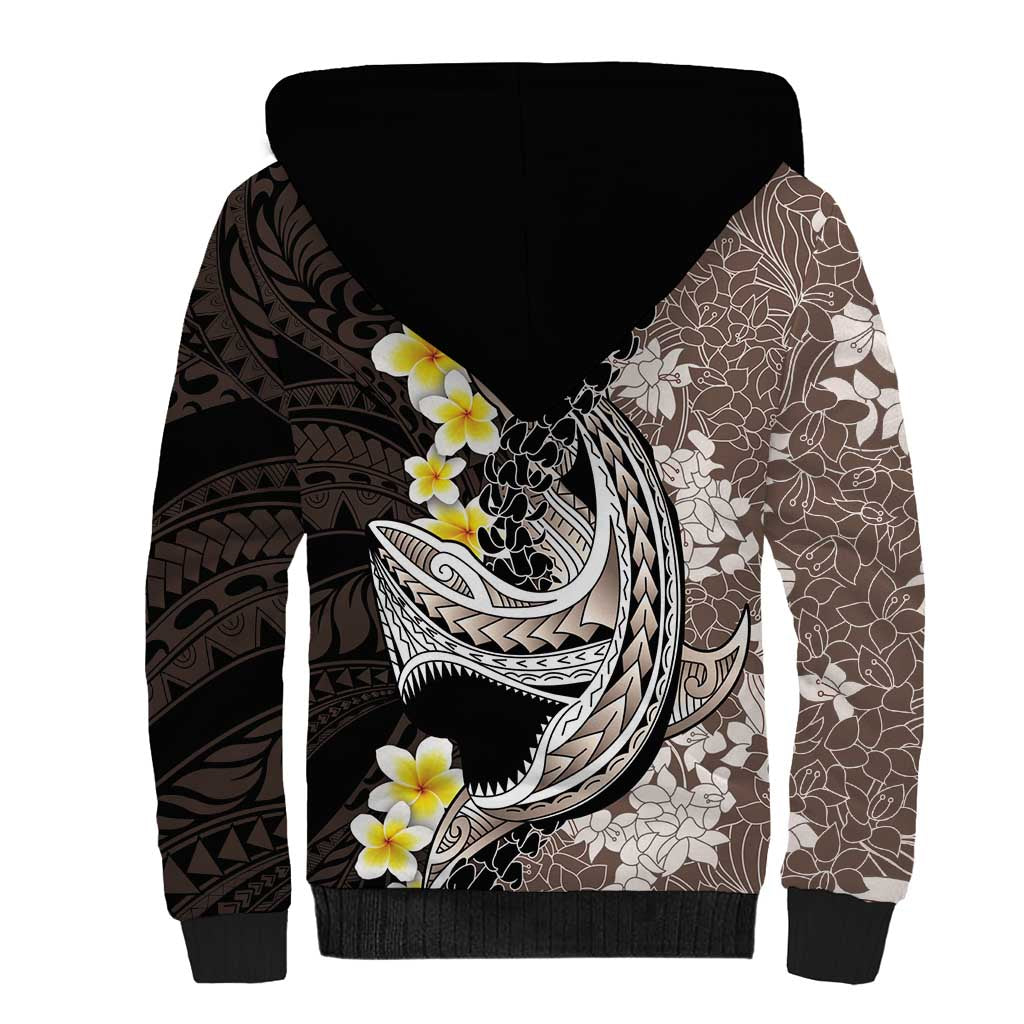 Brown and Black Hawaii Shark Tattoo Sherpa Hoodie Puakenikeni Lei Plumeria Polynesian Pattern LT14 - Polynesian Pride