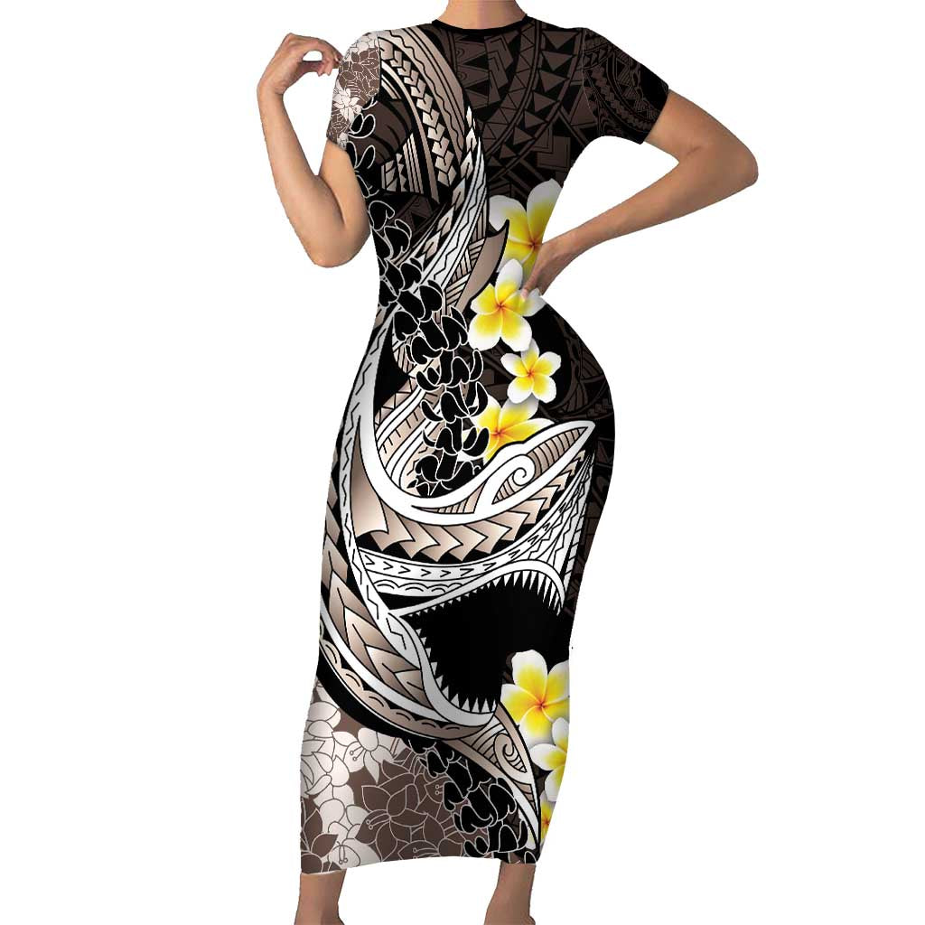 Brown and Black Hawaii Shark Tattoo Short Sleeve Bodycon Dress Puakenikeni Lei Plumeria Polynesian Pattern LT14 Long Dress Black - Polynesian Pride