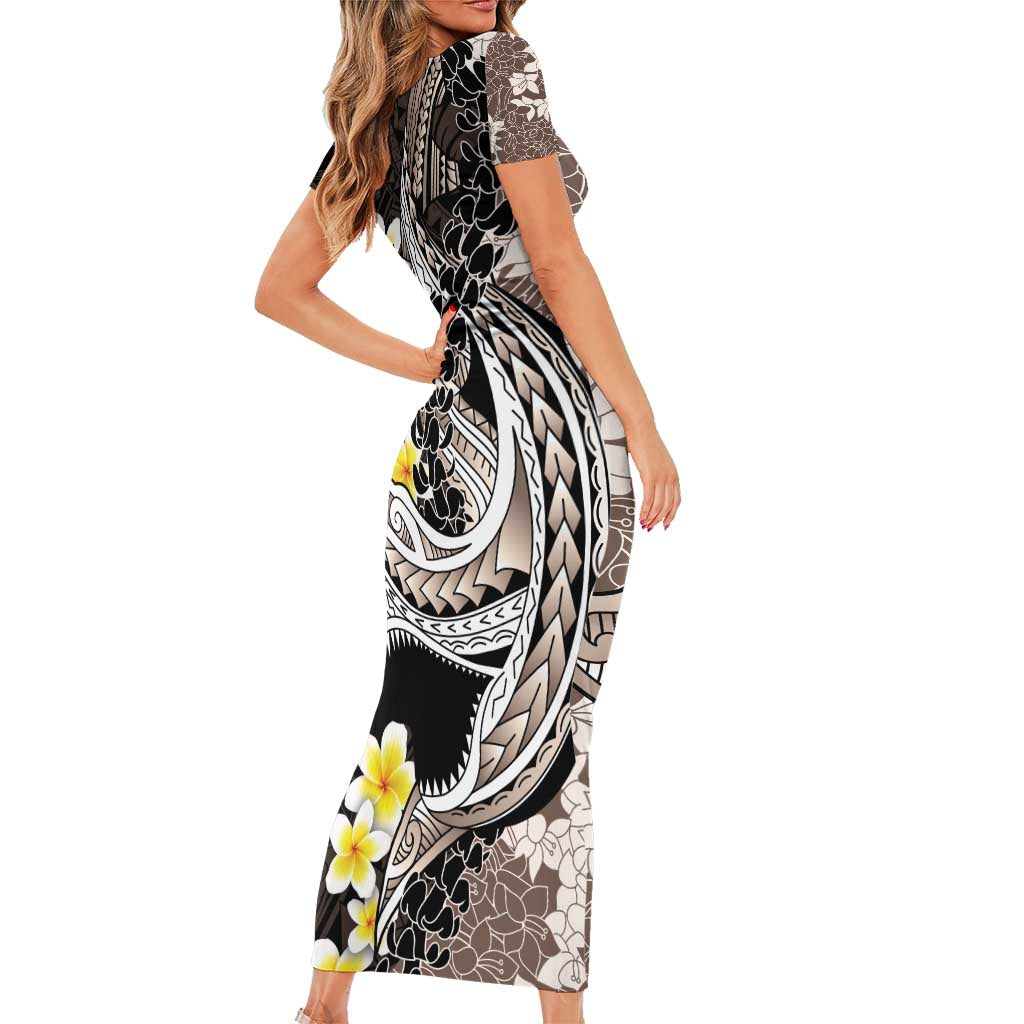 Brown and Black Hawaii Shark Tattoo Short Sleeve Bodycon Dress Puakenikeni Lei Plumeria Polynesian Pattern LT14 - Polynesian Pride