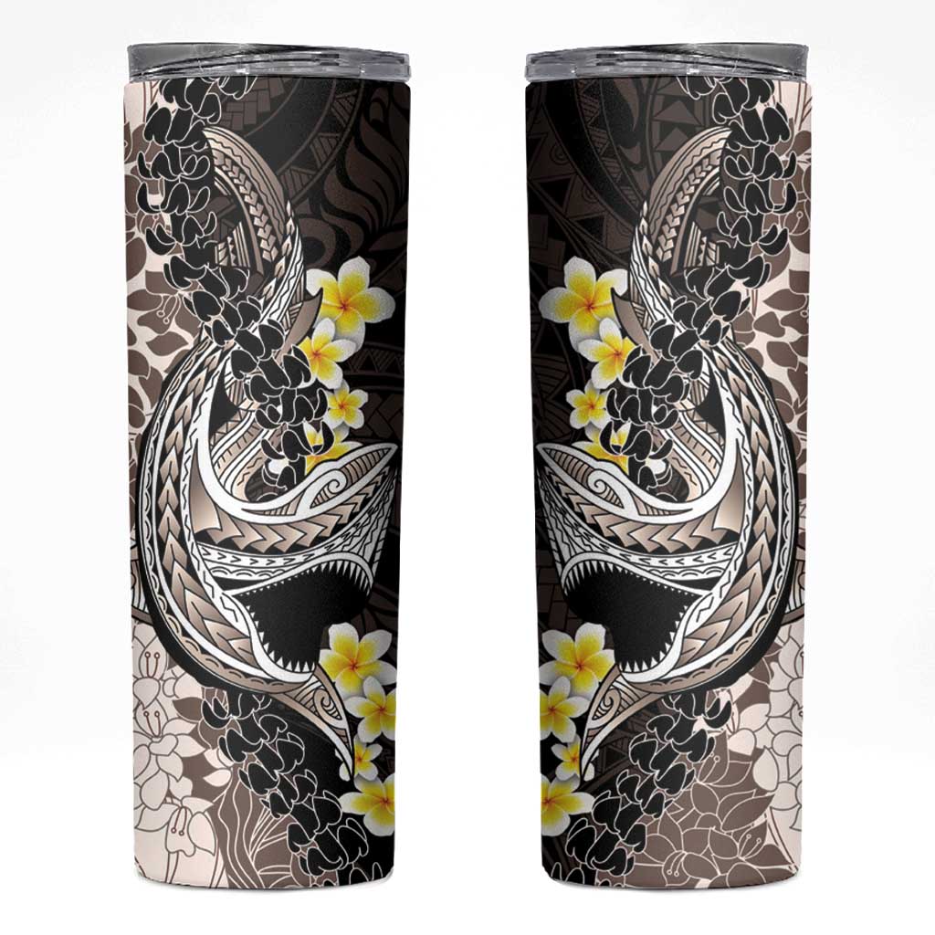 Brown and Black Hawaii Shark Tattoo Skinny Tumbler Puakenikeni Lei Plumeria Polynesian Pattern LT14 Black - Polynesian Pride