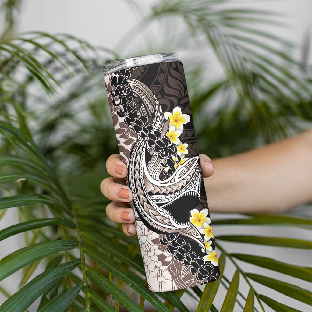 Brown and Black Hawaii Shark Tattoo Skinny Tumbler Puakenikeni Lei Plumeria Polynesian Pattern LT14 - Polynesian Pride