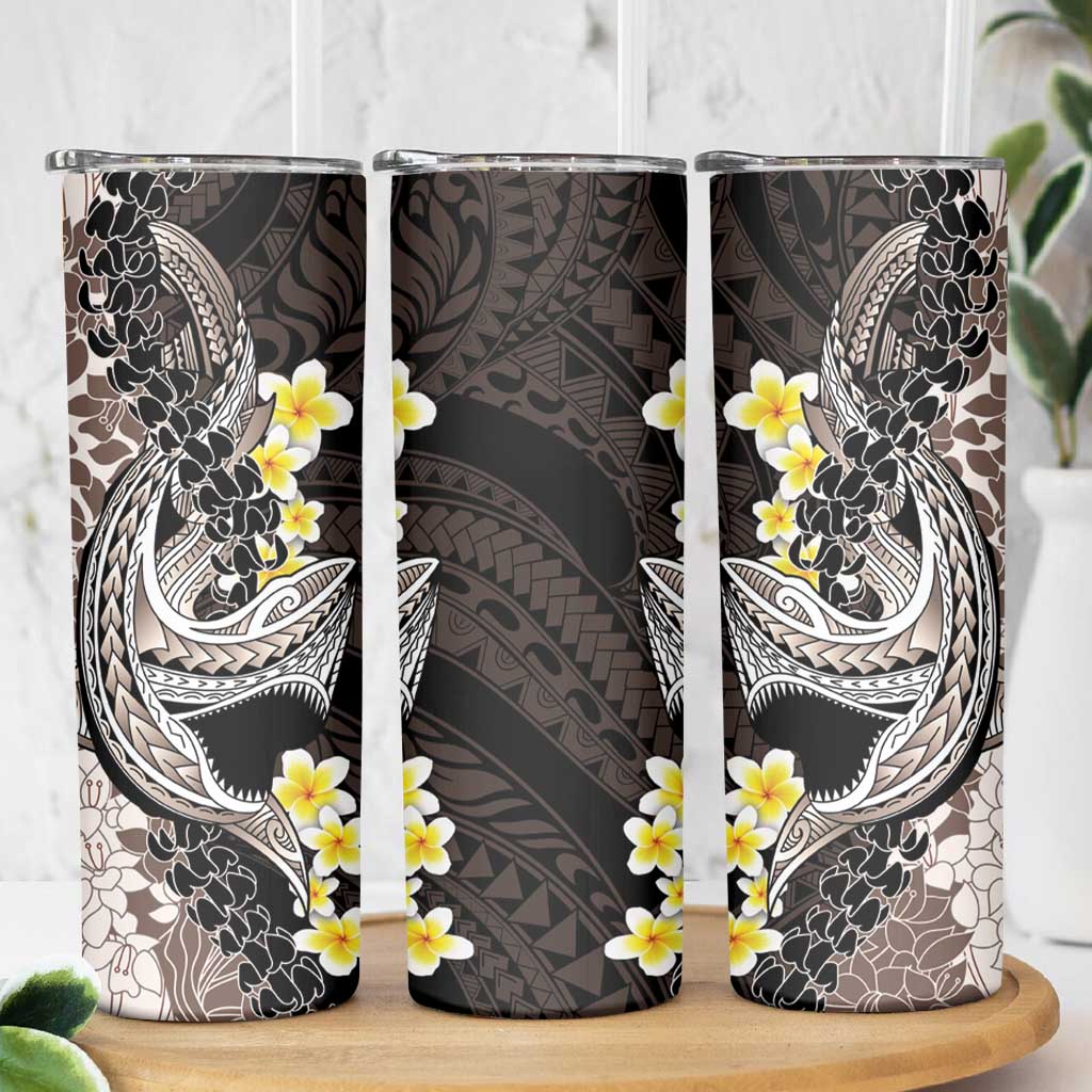 Brown and Black Hawaii Shark Tattoo Skinny Tumbler Puakenikeni Lei Plumeria Polynesian Pattern LT14 - Polynesian Pride