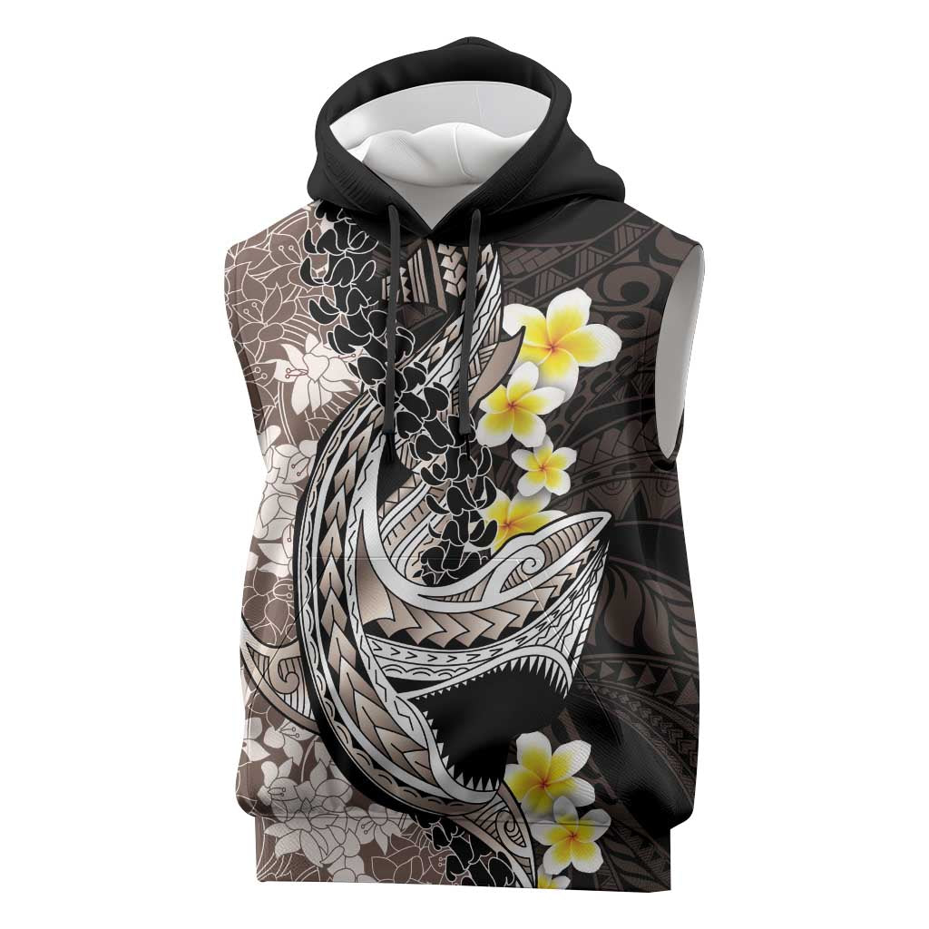 Brown and Black Hawaii Shark Tattoo Sleeveless Hoodie Puakenikeni Lei Plumeria Polynesian Pattern LT14 Black - Polynesian Pride