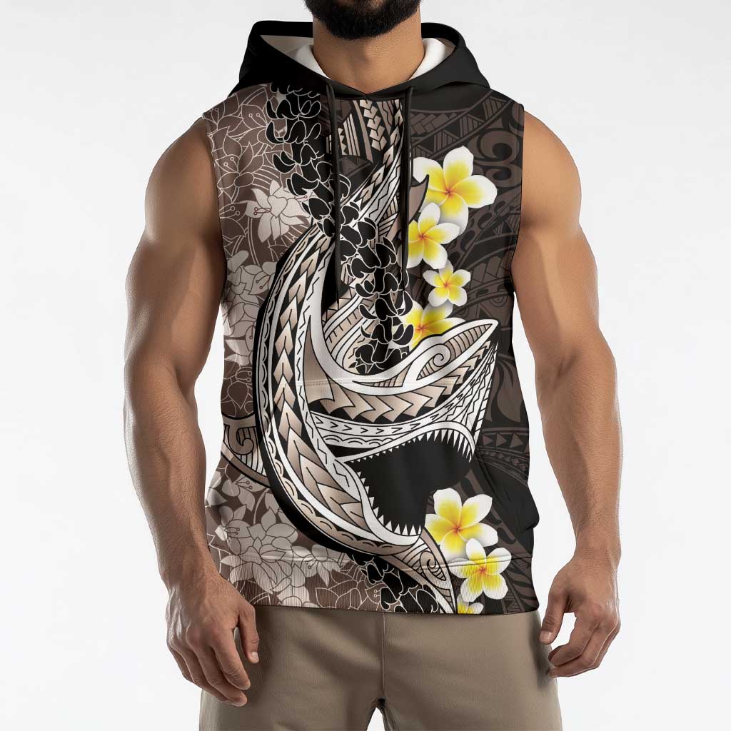 Brown and Black Hawaii Shark Tattoo Sleeveless Hoodie Puakenikeni Lei Plumeria Polynesian Pattern LT14 - Polynesian Pride