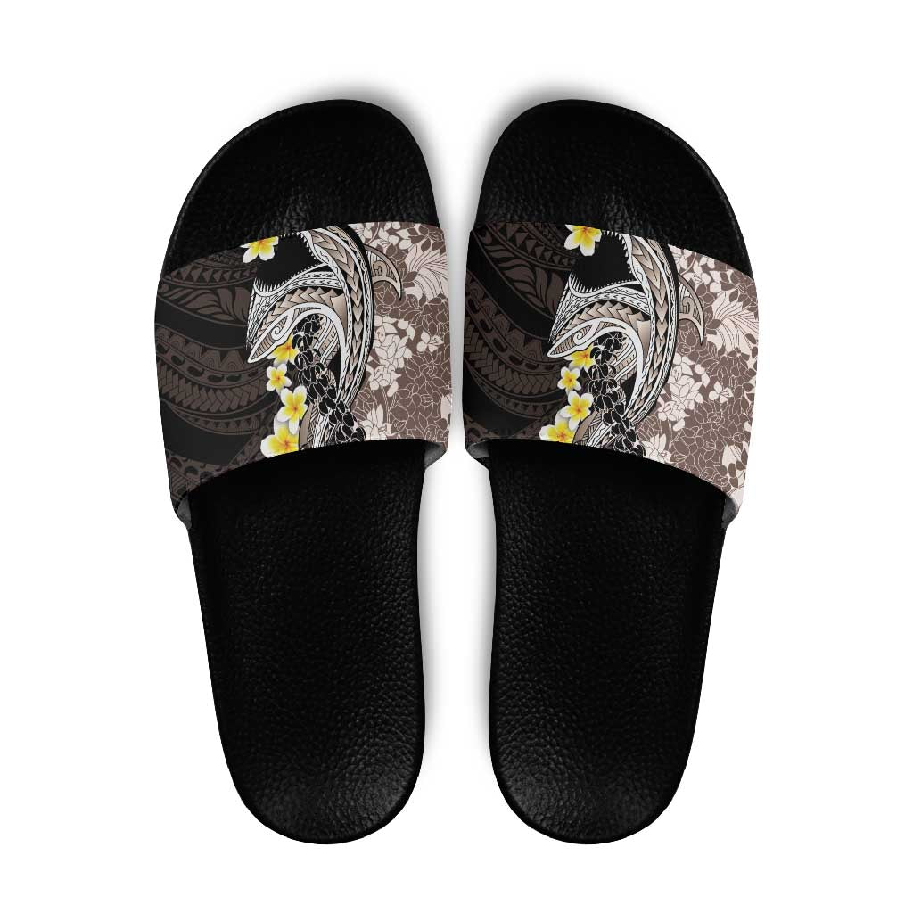 Brown and Black Hawaii Shark Tattoo Slide Sandals Puakenikeni Lei Plumeria Polynesian Pattern - Polynesian Pride
