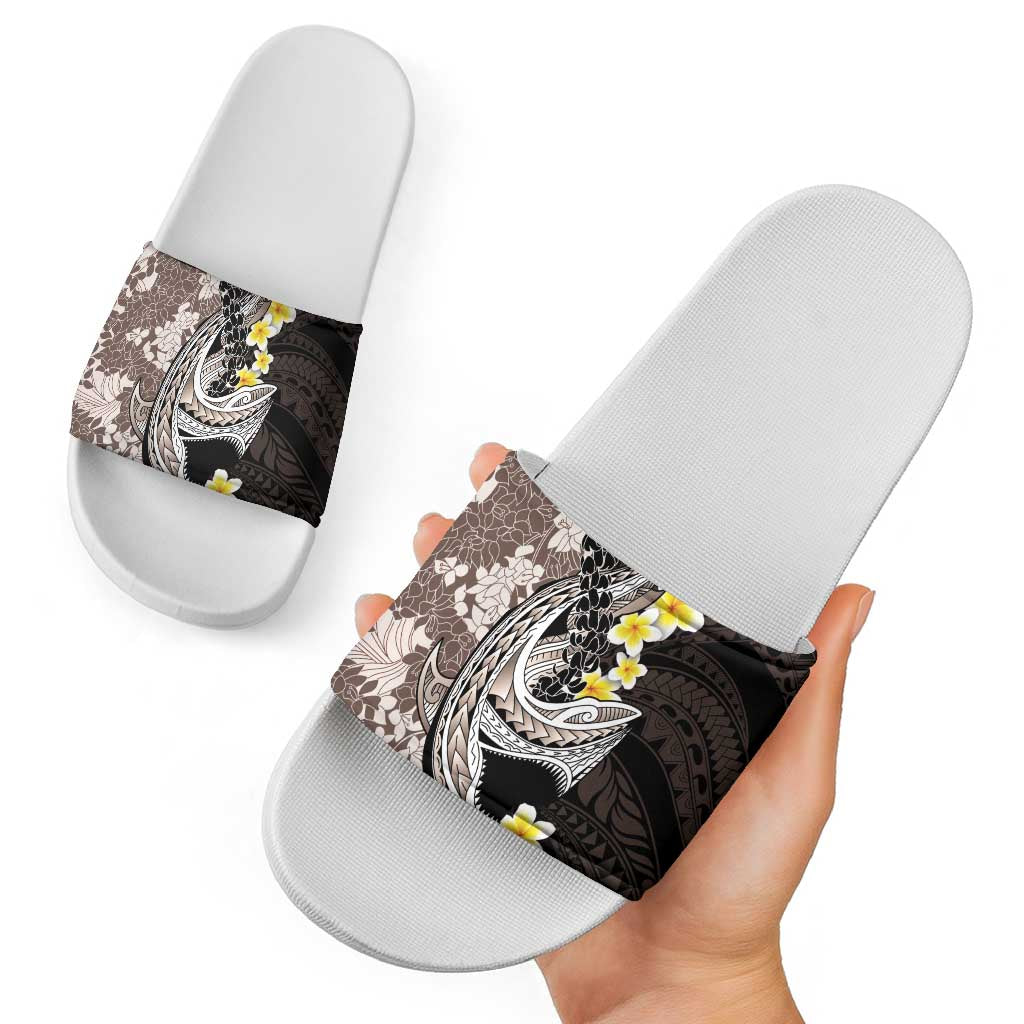 Brown and Black Hawaii Shark Tattoo Slide Sandals Puakenikeni Lei Plumeria Polynesian Pattern - Polynesian Pride