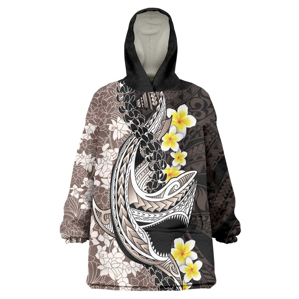 Brown and Black Hawaii Shark Tattoo Wearable Blanket Hoodie Puakenikeni Lei Plumeria Polynesian Pattern LT14 One Size Black - Polynesian Pride