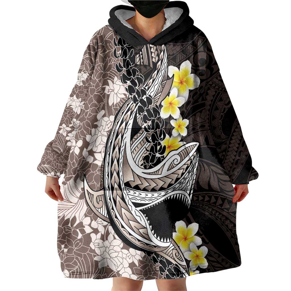 Brown and Black Hawaii Shark Tattoo Wearable Blanket Hoodie Puakenikeni Lei Plumeria Polynesian Pattern LT14 - Polynesian Pride