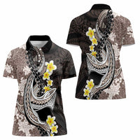 Brown and Black Hawaii Shark Tattoo Women Polo Shirt Puakenikeni Lei Plumeria Polynesian Pattern - Polynesian Pride