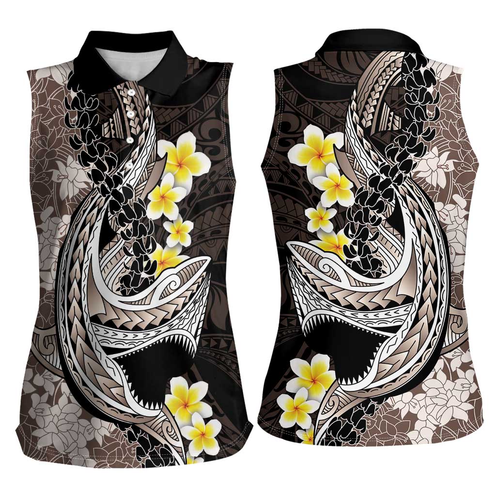 Brown and Black Hawaii Shark Tattoo Women Sleeveless Polo Shirt Puakenikeni Lei Plumeria Polynesian Pattern LT14 - Polynesian Pride
