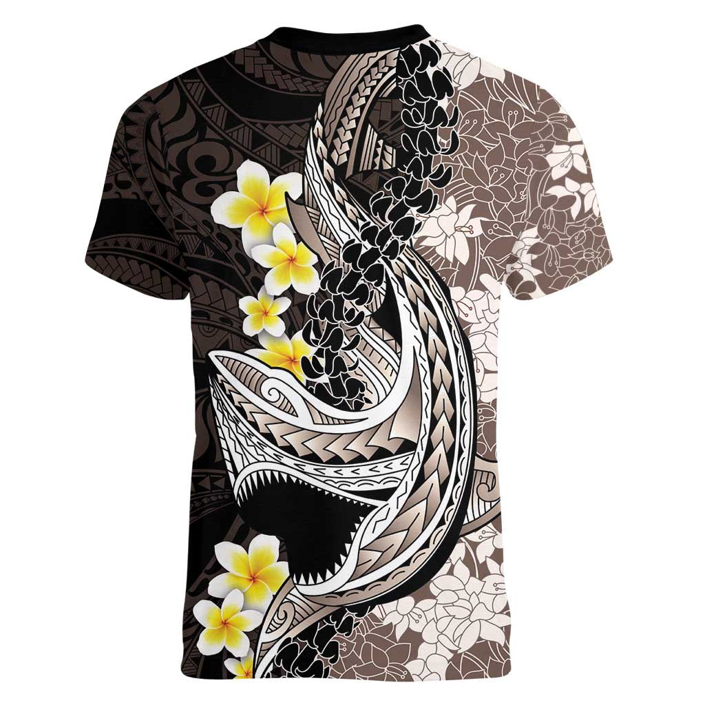 Brown and Black Hawaii Shark Tattoo Women V-Neck T-Shirt Puakenikeni Lei Plumeria Polynesian Pattern LT14 - Polynesian Pride