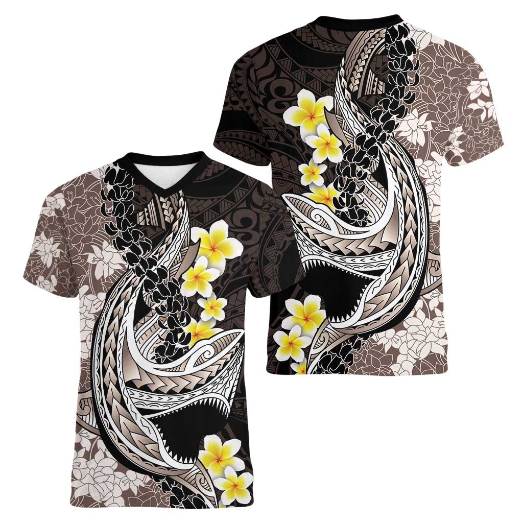 Brown and Black Hawaii Shark Tattoo Women V-Neck T-Shirt Puakenikeni Lei Plumeria Polynesian Pattern LT14 - Polynesian Pride