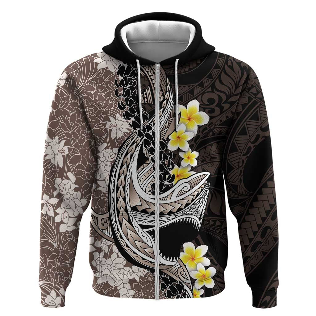 Brown and Black Hawaii Shark Tattoo Zip Hoodie Puakenikeni Lei Plumeria Polynesian Pattern LT14 Zip Hoodie Black - Polynesian Pride