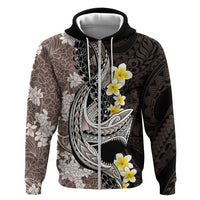 Brown and Black Hawaii Shark Tattoo Zip Hoodie Puakenikeni Lei Plumeria Polynesian Pattern LT14 Zip Hoodie Black - Polynesian Pride